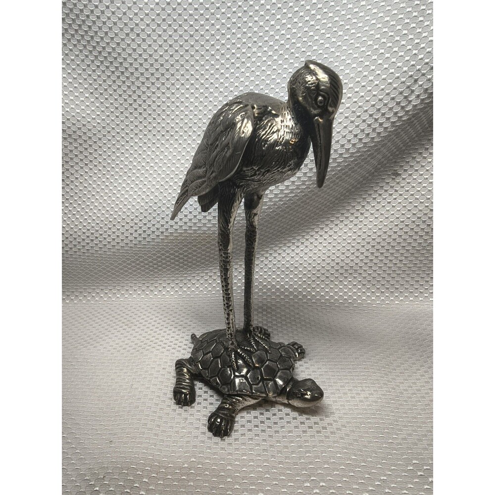 Vintage Brass Crane Standing on Turtle Figurine Asian Feng Shui Longevity Signed